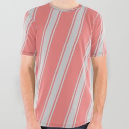 [ Thumbnail: Light Coral & Light Gray Colored Stripes Pattern All Over Graphic Tee ]