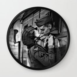 The Kiss - The Last Goodbye - Lovers kissing goodbye through open window on train black and white photograph Wall Clock