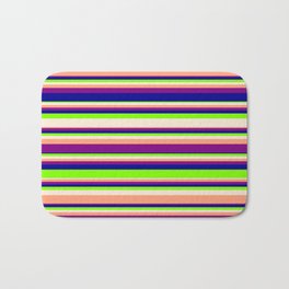 [ Thumbnail: Vibrant Chartreuse, Beige, Light Salmon, Purple & Dark Blue Colored Lines/Stripes Pattern Bath Mat ]