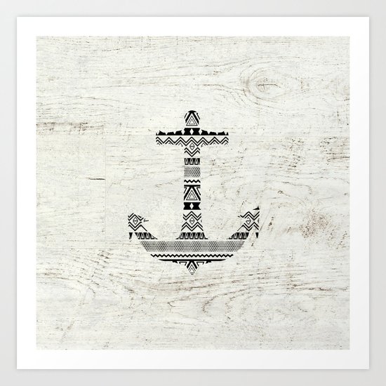 Aztec Nautical Anchor Black White Vintage Wood Art Print