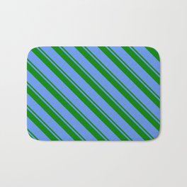 [ Thumbnail: Green and Cornflower Blue Colored Pattern of Stripes Bath Mat ]