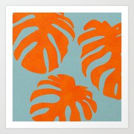 monstera leaves blue orange plant summer Art Print