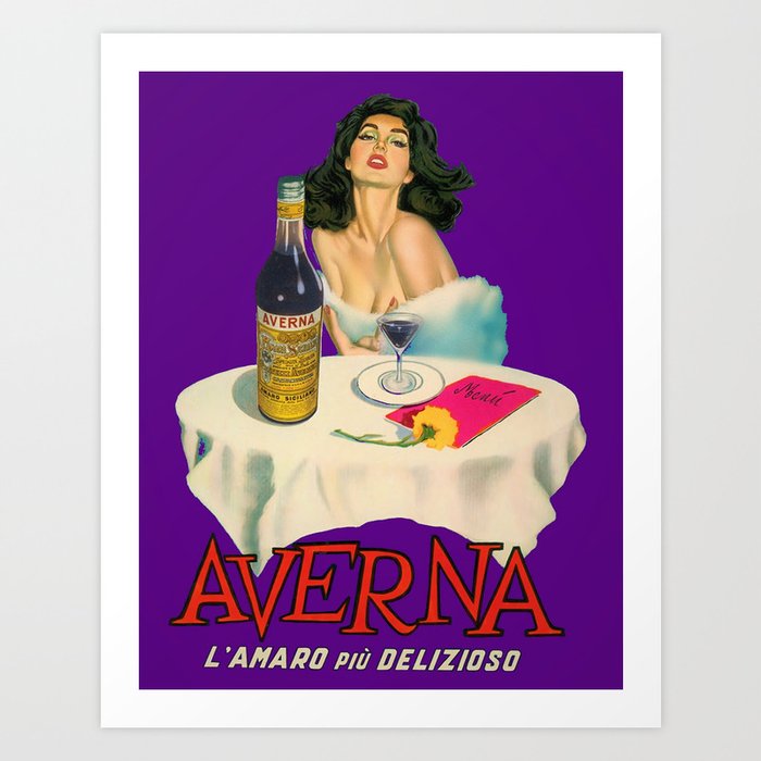 Vintage Italian liqueur Averna Amaro Sicilia aperitif alcoholic bevarage advertising brunette sitting at cafe table advertisement poster / posters for kitchen and dining room wall decor Art Print