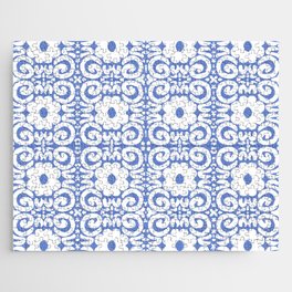 Retro Daisy Flower Lace White On Blue Jigsaw Puzzle