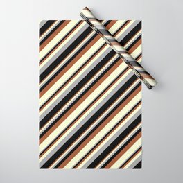 [ Thumbnail: Sienna, Light Yellow, Dark Grey, and Black Colored Stripes Pattern Wrapping Paper ]