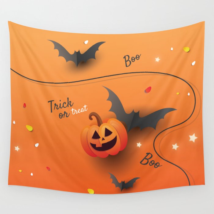 Creative elements  for halloween celebration. Top view pumpkins, candy and confetti Wall Tapestry