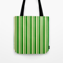 [ Thumbnail: Beige and Green Colored Lined/Striped Pattern Tote Bag ]