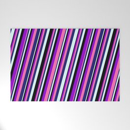 [ Thumbnail: Dark Violet, Hot Pink, Midnight Blue, Light Cyan & Black Colored Lined/Striped Pattern Welcome Mat ]