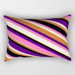 [ Thumbnail: Colorful Indigo, Hot Pink, Beige, Chocolate & Black Colored Lined Pattern Rectangular Pillow ]