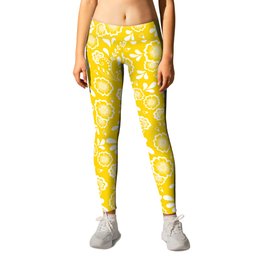 Yellow And White Eastern Floral Pattern Leggings