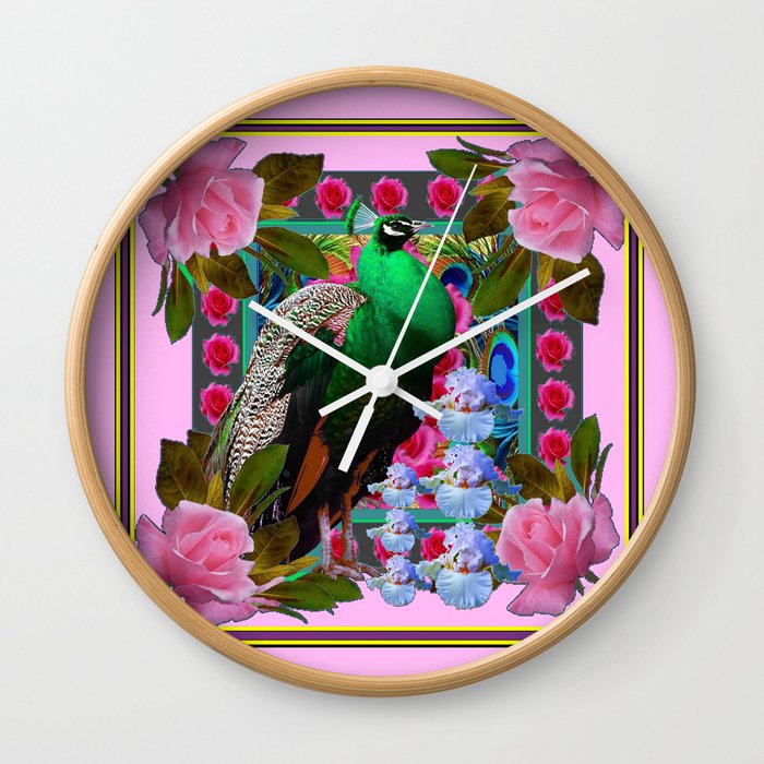 PINK ON  PINK ROSES & GREEN PEACOCK GARDEN FLORAL Wall Clock