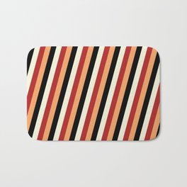 [ Thumbnail: Beige, Red, Brown, and Black Colored Lined Pattern Bath Mat ]