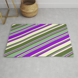 [ Thumbnail: Dark Sea Green, Dark Violet, Light Yellow & Dark Olive Green Colored Stripes Pattern Rug ]