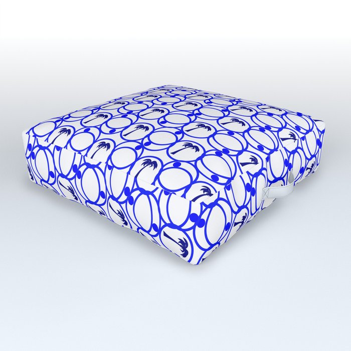Blue and White Geometric Pattern With Palm Trees Outdoor Floor Cushion