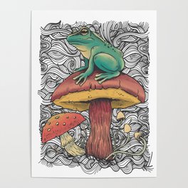 Cottagecore frog with mushroom design Poster