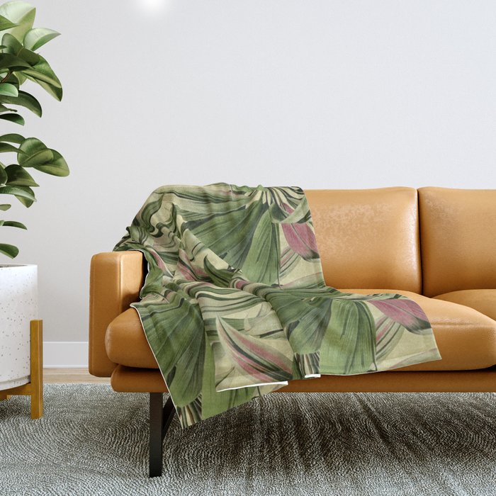 Tropical Palm Leaves Pattern - Watercolor - Cream Linen Throw Blanket
