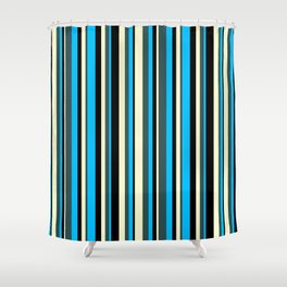 [ Thumbnail: Deep Sky Blue, Dark Slate Gray, Light Yellow & Black Colored Striped/Lined Pattern Shower Curtain ]
