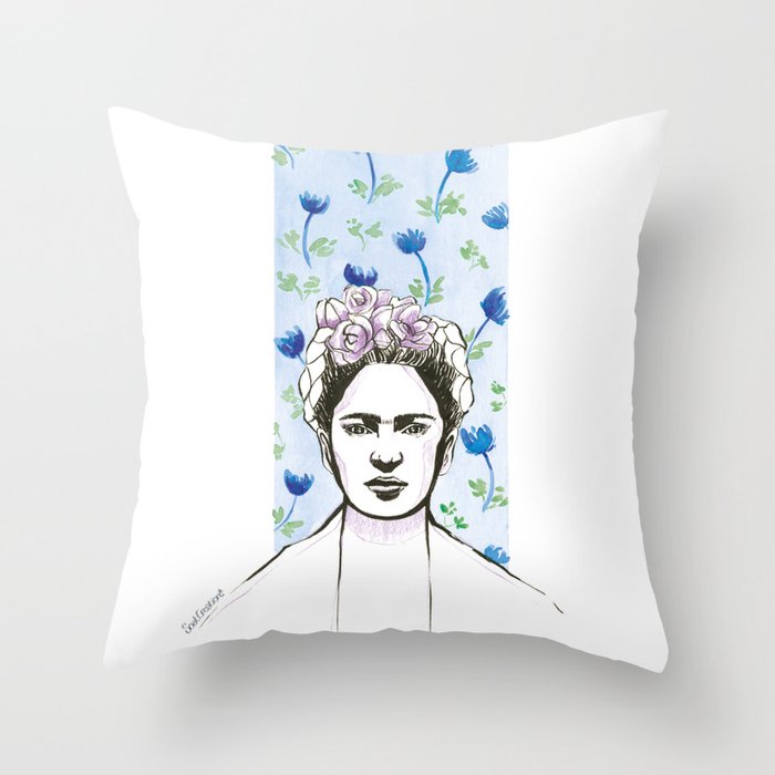 Frida Kahlo portrait  Floral watercolor blue green purple Throw Pillow