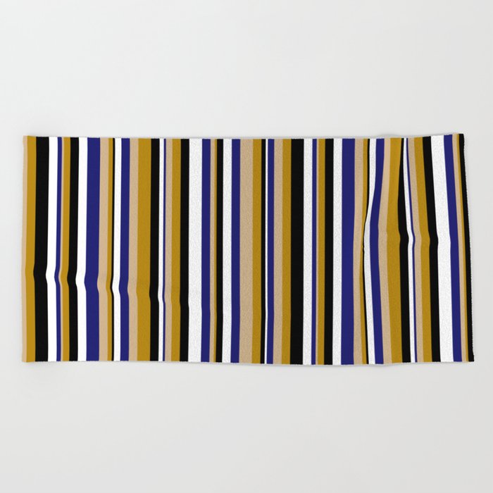 Tan, Dark Goldenrod, Black, White & Midnight Blue Colored Lines/Stripes Pattern Beach Towel