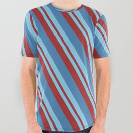 [ Thumbnail: Sky Blue, Brown & Blue Colored Striped/Lined Pattern All Over Graphic Tee ]