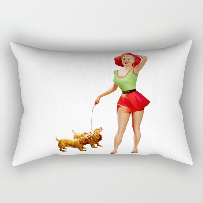 Sexy Blonde Pin Up With Green Dress Red Skirt And Two Dogs Rectangular Pillow