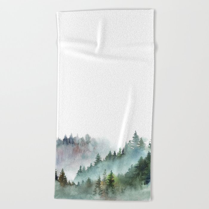 Watercolor Pine Forest Mountains in the Fog Beach Towel