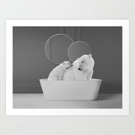 Mama and baby polar bears in bathtub bathroom black and white photograph Art Print