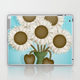 White and Brown Modern Sunflowers in Green Vase // Turquoise Blue Background Laptop Skin
