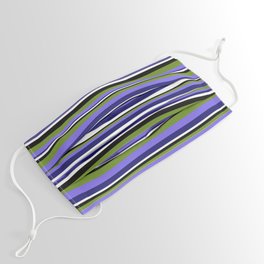 [ Thumbnail: Eye-catching Black, Green, Medium Slate Blue, Midnight Blue, and White Colored Stripes/Lines Pattern Face Mask ]