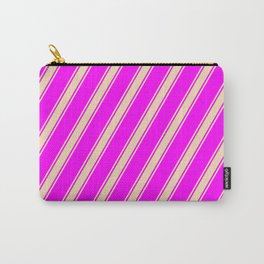 [ Thumbnail: Fuchsia and Tan Colored Lined Pattern Carry-All Pouch ]