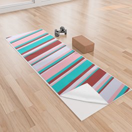 [ Thumbnail: Dark Turquoise, Light Pink, Lavender & Brown Colored Lines Pattern Yoga Towel ]