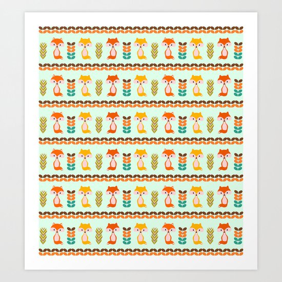 Foxes, grains and leaves Art Print