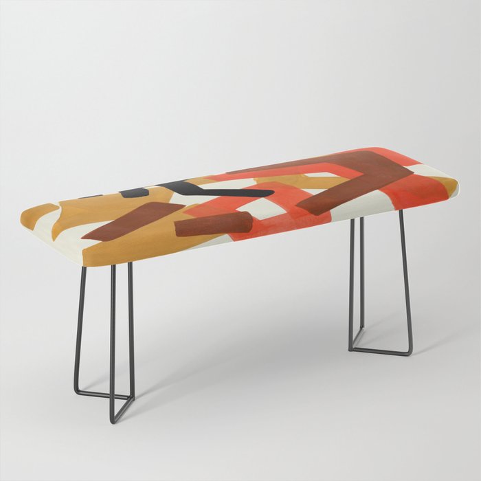 Yellow Orange Brown Fun Colorful Mid Century Modern Abstract Painting Shapes Pattern Bench