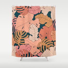 Bright pink, orange, yellow leaves of monstera and other plants on dark turquoise background. Seamless tropical floral pattern.  Shower Curtain