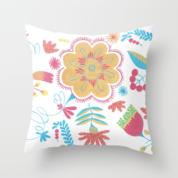 Ethnic Floral Gouache Flower Pattern Herbal Throw Pillow