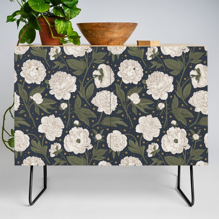 Starry Midnight Blooming Peonies Floral Credenza