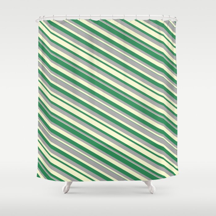 Sea Green, Dark Grey & Light Yellow Colored Lines/Stripes Pattern Shower Curtain