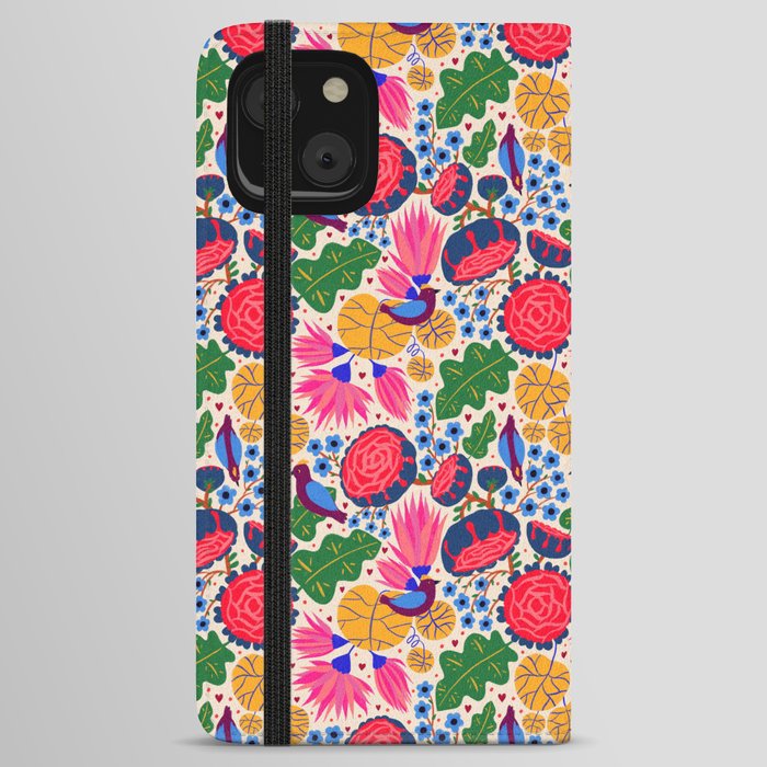 Modern Colorful Whimsical Cute Botanical Flower Bird Pattern iPhone Wallet Case