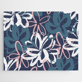 Lotus Garden Painted Abstract Pattern in Teal, White, Pink, and Navy Blue Jigsaw Puzzle