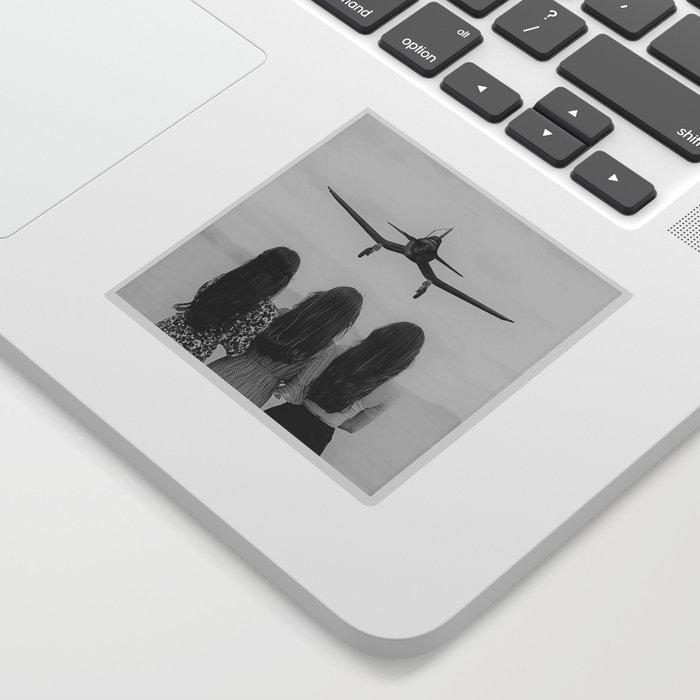 Sisters stand united; airplane coming in for a landing head on at three women sisterhood girl power black and white photograph - photography - photographs Sticker