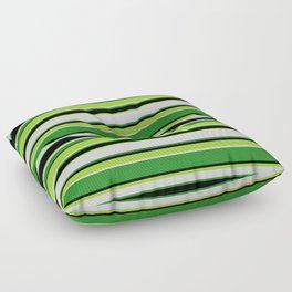 [ Thumbnail: Green, Light Gray, Forest Green, and Black Colored Stripes Pattern Floor Pillow ]