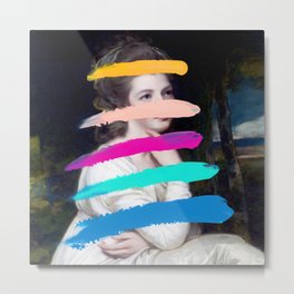 Composition 711 Metal Print | Lady, Eyes, Strokes, Curated, Lips, White, Pink, Stripes, Blue, Paint 