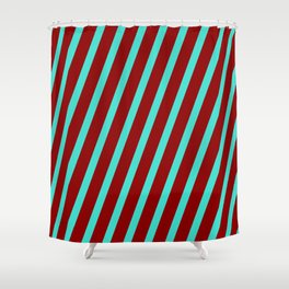 [ Thumbnail: Turquoise and Dark Red Colored Striped Pattern Shower Curtain ]