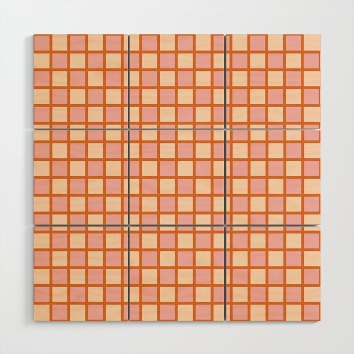 Retro Check Thick Grid Pattern in Pink Orange Cream Wood Wall Art