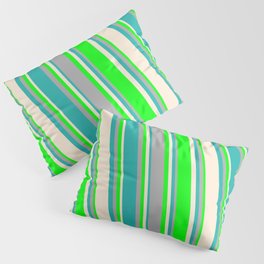 [ Thumbnail: Beige, Lime, Dark Gray, and Light Sea Green Colored Pattern of Stripes Pillow Sham ]