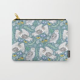 Snowy Owls on a Snowy Day - Teal Background Carry-All Pouch | Birds, Snowflakes, Pastel, Drawing, Pattern, Digital, Blackeyedsusan, Teal, Northamerica, Yellow 