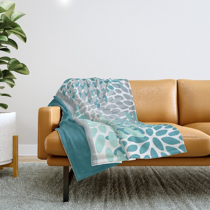 Festive Floral Color Block Teal Turquoise Gray Throw Blanket