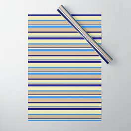 [ Thumbnail: Tan, Dark Blue, Pale Goldenrod & Blue Colored Lined Pattern Wrapping Paper ]