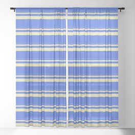 [ Thumbnail: Pale Goldenrod & Royal Blue Colored Stripes/Lines Pattern Sheer Curtain ]