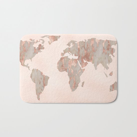 Rosegold Marble Map of the World Bath Mat